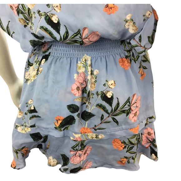 Parker Blue Floral Print Halter Ruffle Mini Dress 100% Silk Medium - Picture 5 of 9